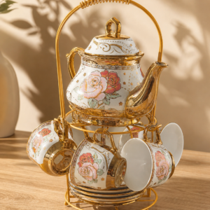 Elegant Pink Rose Tea Set with 500 ml Teapot, Gold Detail Cups & Display Stand
