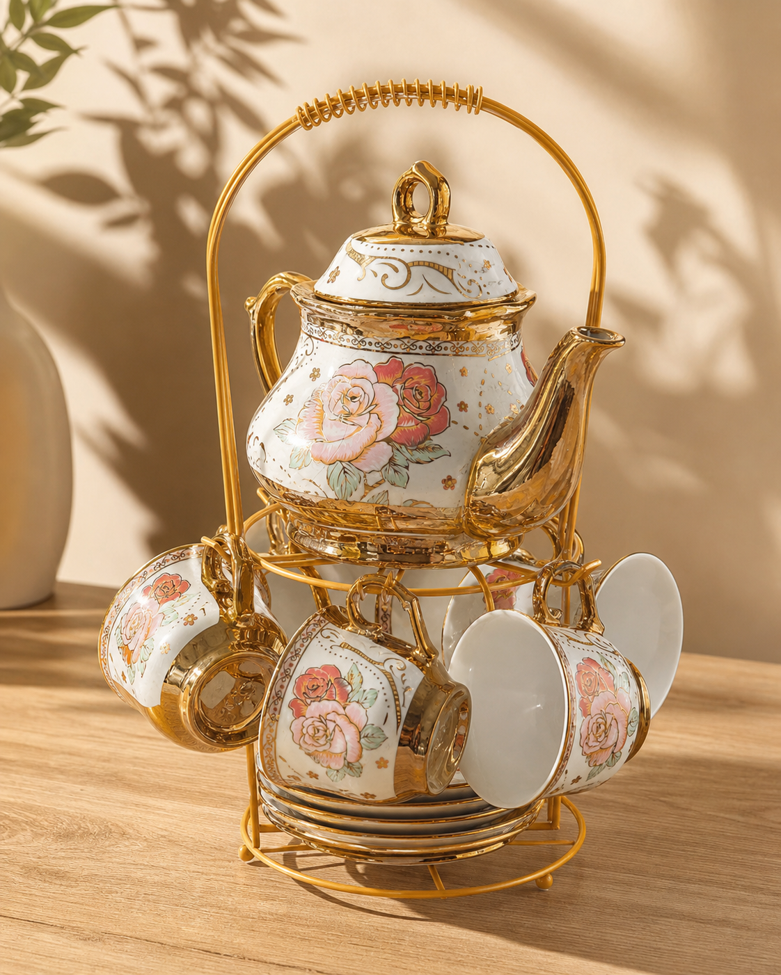 Elegant Pink Rose Tea Set with 500 ml Teapot, Gold Detail Cups & Display Stand