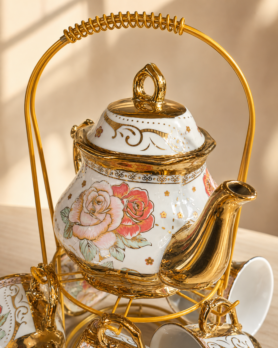 Elegant Pink Rose Tea Set with 500 ml Teapot, Gold Detail Cups & Display Stand - Image 2