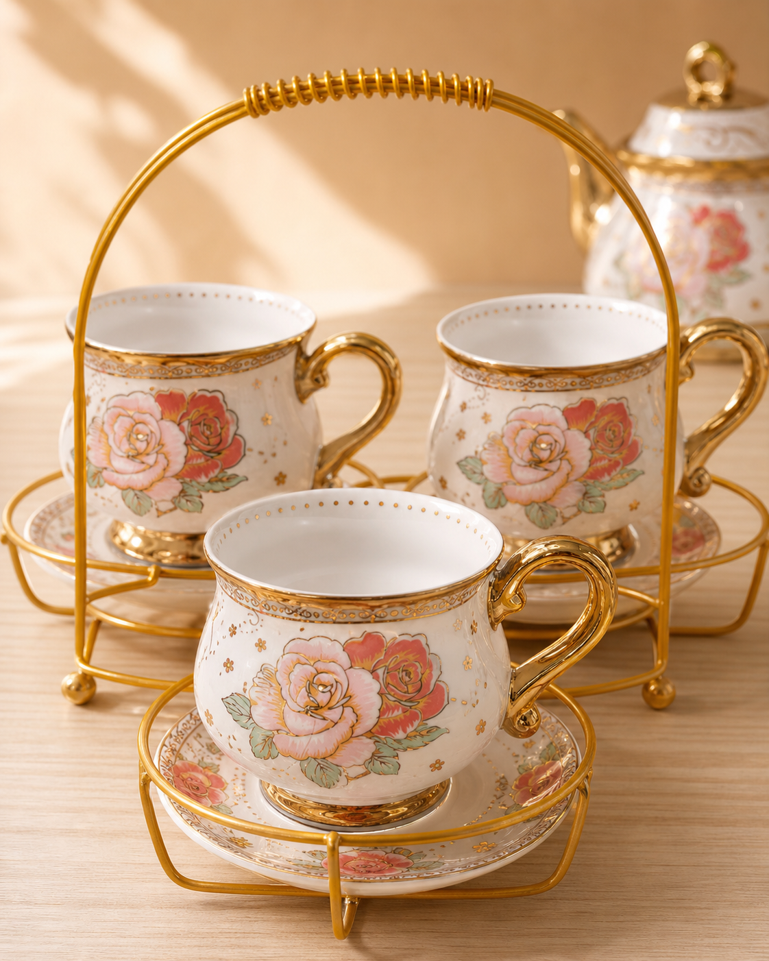Elegant Pink Rose Tea Set with 500 ml Teapot, Gold Detail Cups & Display Stand - Image 3