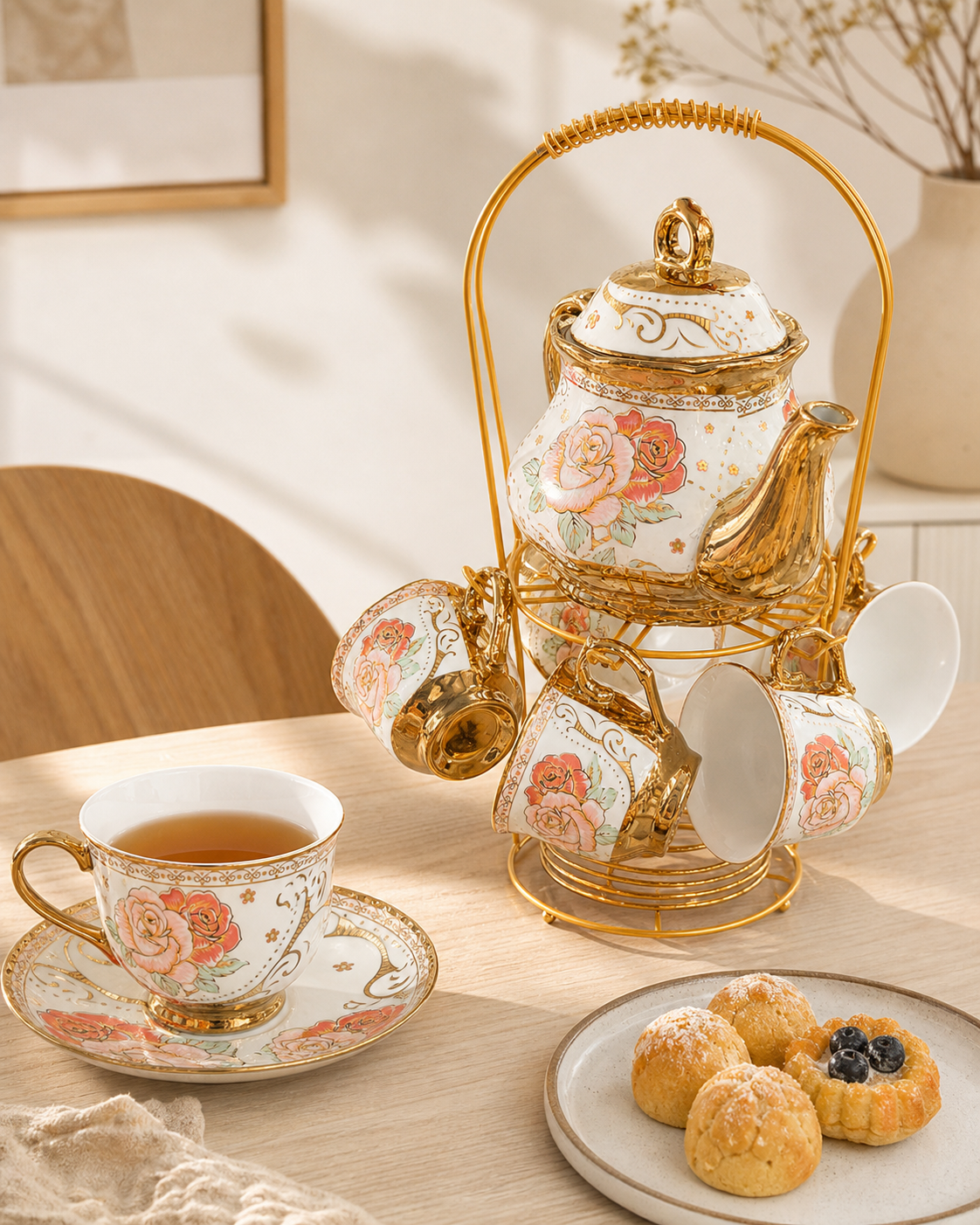Elegant Pink Rose Tea Set with 500 ml Teapot, Gold Detail Cups & Display Stand - Image 4