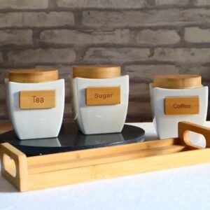 Cp critics picks White Ceramic Vintage Tea Coffee Sugar 3 Canisters Jar Pot Storage Containers with Bamboo Lid & Stand Tray & Wooden Labeled Name- Condiment – Airtight Jars Set Kitchen