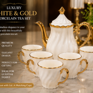 White & Gold Porcelain Tea Set with Teapot & 6 Matching Cups, Luxury Fluted Ceramic Tea & Coffee Serving Set with Gold Rim and Handles, Elegant Premium Tableware Set for Home & Gifting