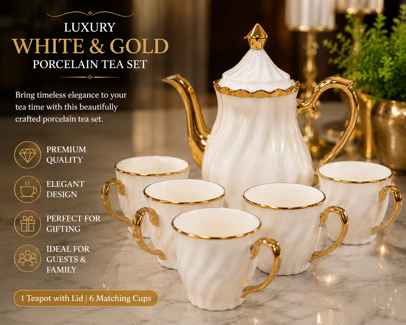 White & Gold Porcelain Tea Set with Teapot & 6 Matching Cups, Luxury Fluted Ceramic Tea & Coffee Serving Set with Gold Rim and Handles, Elegant Premium Tableware Set for Home & Gifting