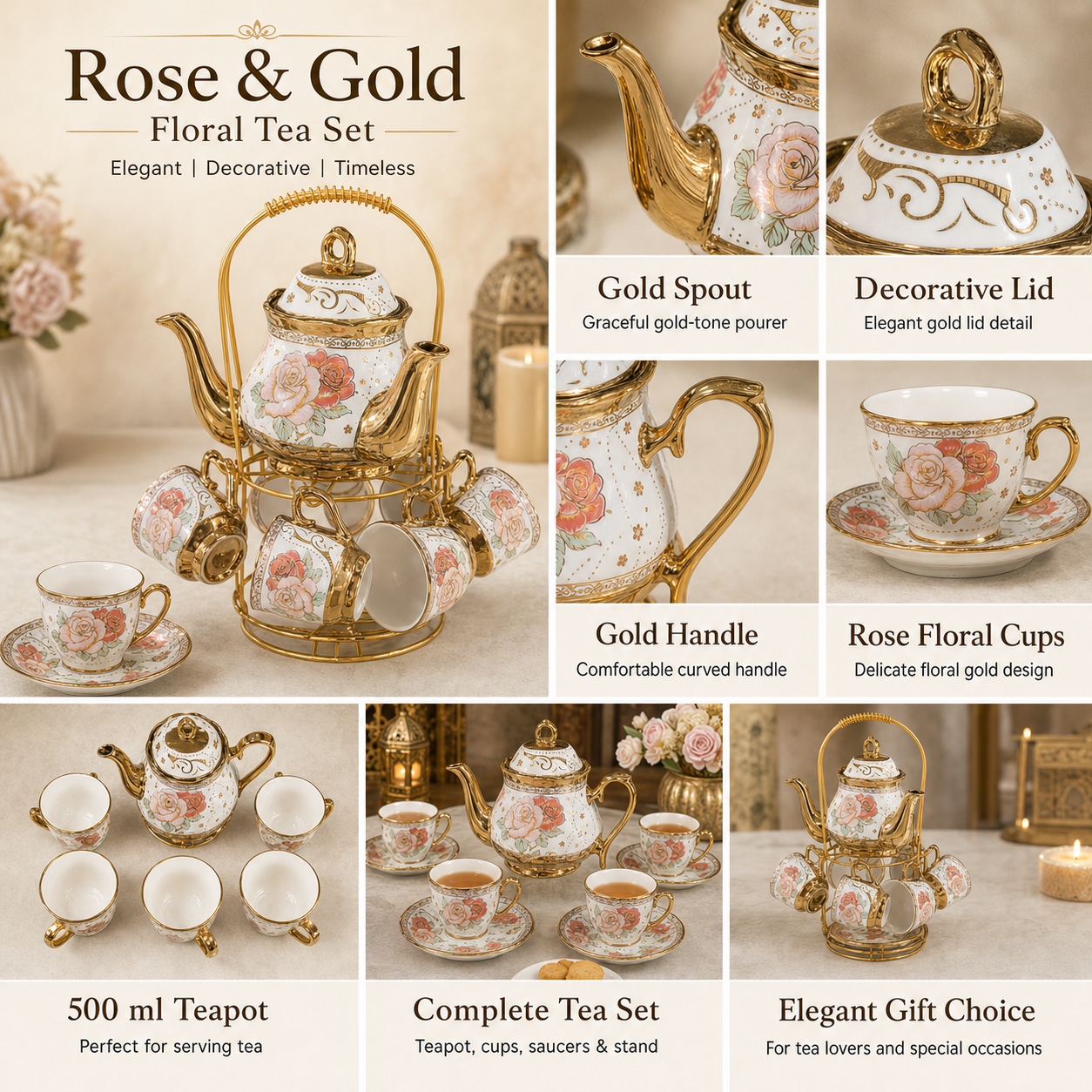Elegant Pink Rose Tea Set with 500 ml Teapot, Gold Detail Cups & Display Stand - Image 5