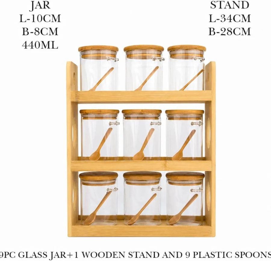 Crockwitty Glass Spice Jars with Bamboo Rack, Set of 9, 440ml Airtight Kitchen Storage Containers with Wooden Lids & Spoons, 3-Tier Countertop Organizer... - Image 2