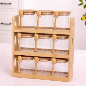 Crockwitty Glass Spice Jars with Bamboo Rack, Set of 9, 440ml Airtight Kitchen Storage Containers with Wooden Lids & Spoons, 3-Tier Countertop Organizer...