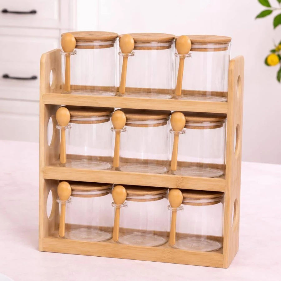 Crockwitty Glass Spice Jars with Bamboo Rack, Set of 9, 440ml Airtight Kitchen Storage Containers with Wooden Lids & Spoons, 3-Tier Countertop Organizer...