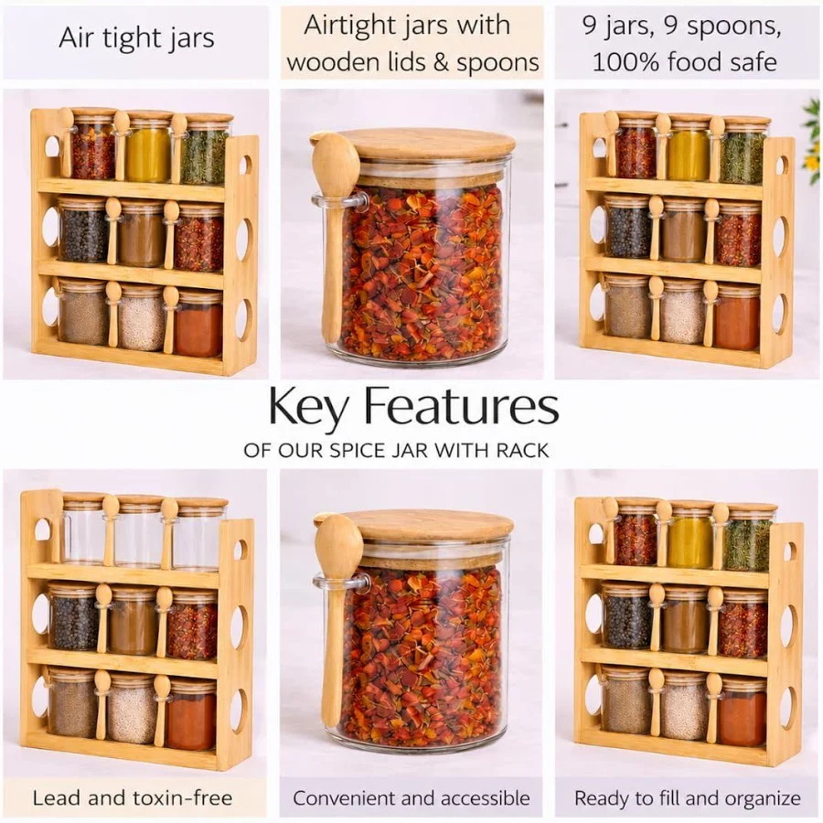 Crockwitty Glass Spice Jars with Bamboo Rack, Set of 9, 440ml Airtight Kitchen Storage Containers with Wooden Lids & Spoons, 3-Tier Countertop Organizer... - Image 4