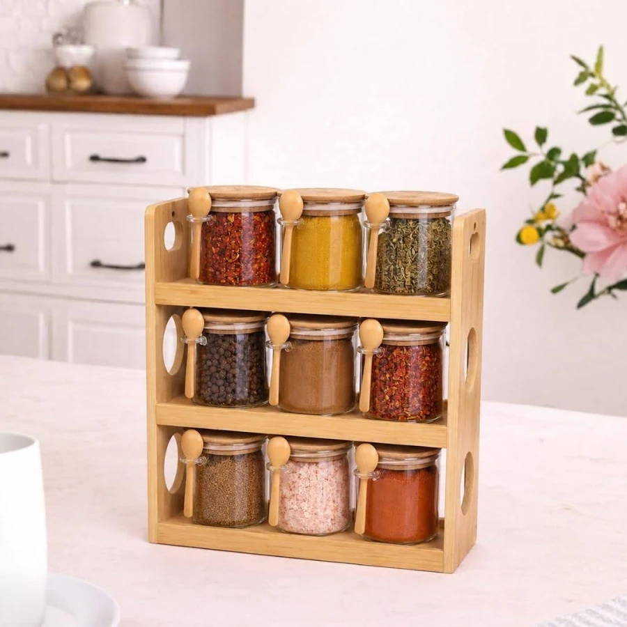 Crockwitty Glass Spice Jars with Bamboo Rack, Set of 9, 440ml Airtight Kitchen Storage Containers with Wooden Lids & Spoons, 3-Tier Countertop Organizer... - Image 3