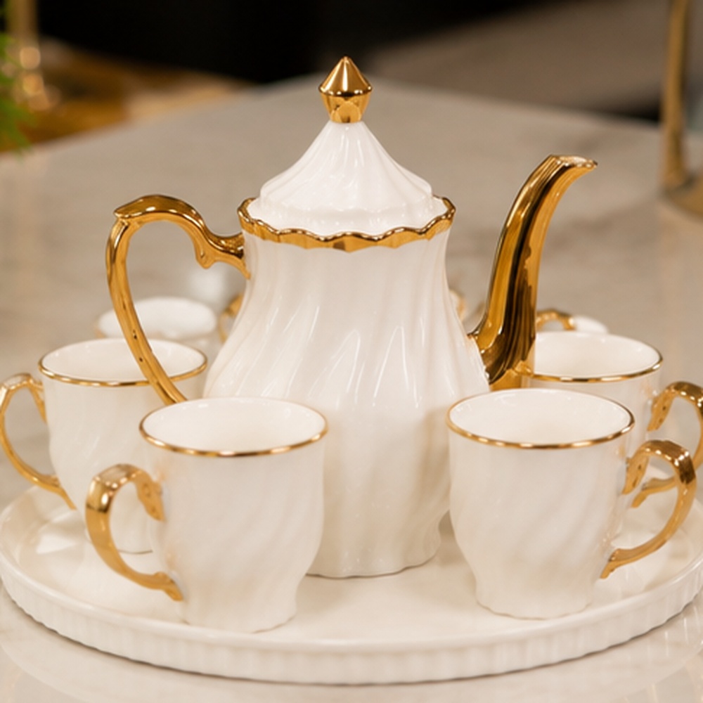 White & Gold Porcelain Tea Set with Teapot & 6 Matching Cups, Luxury Fluted Ceramic Tea & Coffee Serving Set with Gold Rim and Handles, Elegant Premium Tableware Set for Home & Gifting - Image 5