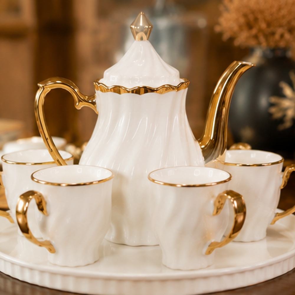 White & Gold Porcelain Tea Set with Teapot & 6 Matching Cups, Luxury Fluted Ceramic Tea & Coffee Serving Set with Gold Rim and Handles, Elegant Premium Tableware Set for Home & Gifting - Image 4