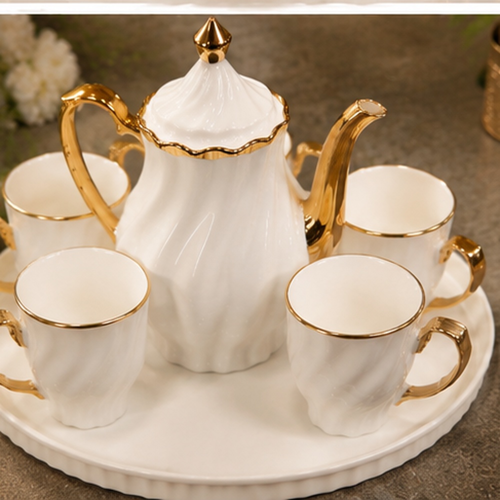 White & Gold Porcelain Tea Set with Teapot & 6 Matching Cups, Luxury Fluted Ceramic Tea & Coffee Serving Set with Gold Rim and Handles, Elegant Premium Tableware Set for Home & Gifting - Image 3