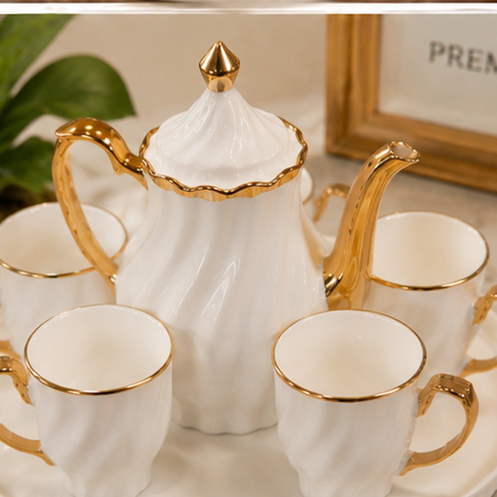 White & Gold Porcelain Tea Set with Teapot & 6 Matching Cups, Luxury Fluted Ceramic Tea & Coffee Serving Set with Gold Rim and Handles, Elegant Premium Tableware Set for Home & Gifting - Image 2